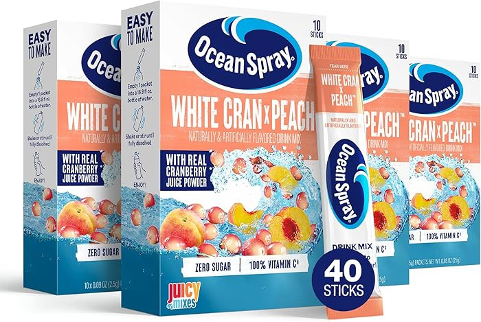 Ocean Spray® White Cran-Peach™ Zero Sugar Powder Drink Mix Packets with Real Cranberry Juice P... | Amazon (US)