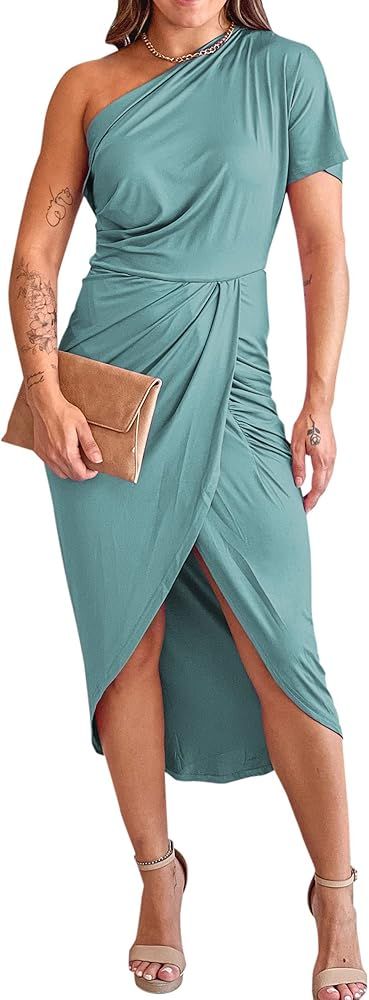 BTFBM Women One Shoulder Short Sleeve Ruched Casual Dresses Asymmetrical Wrap Front Split Cocktai... | Amazon (US)