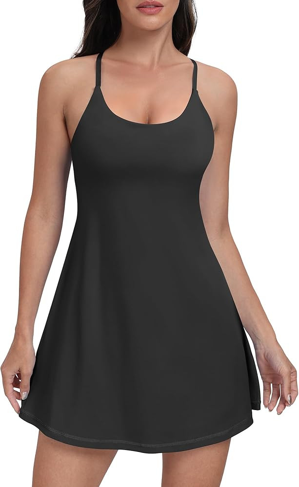 Women Workout Tennis Dress with Built-in Bra Shorts, Easy Peezy Cross Shoulder Straps and Pockets | Amazon (US)
