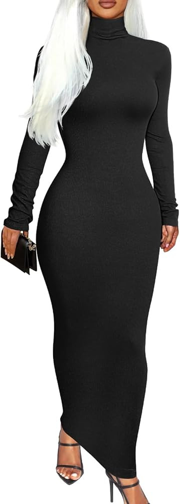 Memoriesea Women's Fall Turtleneck Long Sleeve Ribbed Slim Bodycon Maxi Dress | Amazon (US)