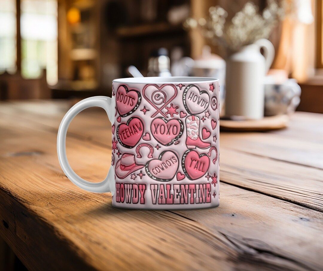 Valentines Day Mug, Howdy Valentine Mug, 3D Inflated Puffy Design Valentines Mug, 3D Puffy Hearts... | Etsy (US)