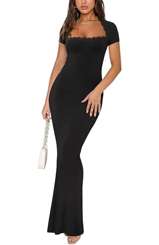 REORIA Womens Summer Sexy Casual Tight Lounge Long Dress Elegant Wedding Guest Short Sleeve Square Neck Lace Bodycon Maxi Dresses Black X-Large | Amazon (US)