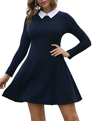 Aphratti Long Sleeve Peter Pan Collar Skater Dress in navy with white collar
