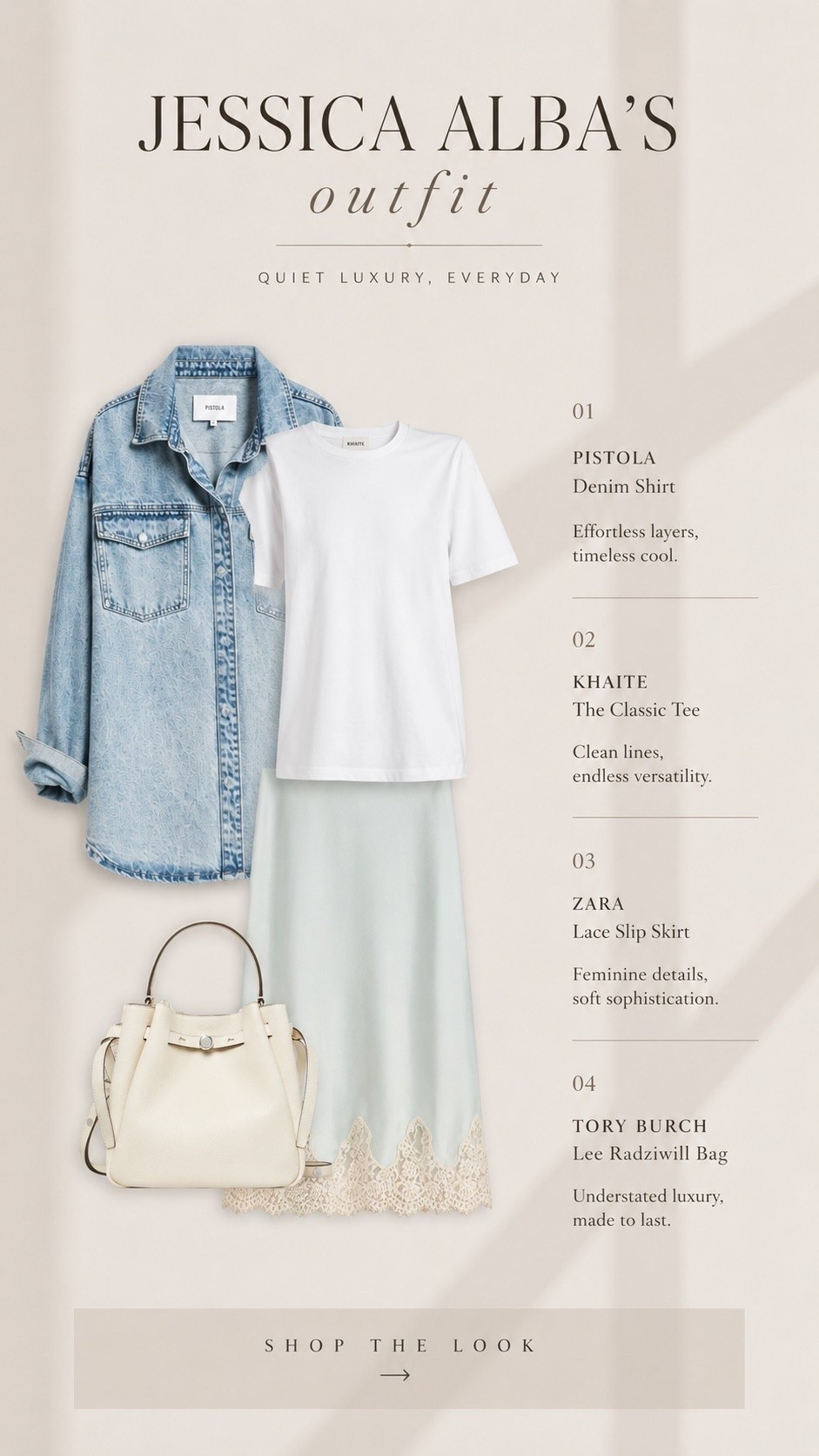 Jessica Alba just mastered the quiet luxury summer outfit formula again.

An oversized denim layer, the perfect white tee, a lace trimmed slip skirt, and a structured cream handbag is exactly the kind of effortless styling that always looks elevated without trying too hard.

This outfit feels very 90s minimalism in the best way. Clean lines, soft neutrals, relaxed tailoring, and timeless pieces you’ll wear on repeat all season long.

The lace skirt trend is everywhere right now and pairing it with casual denim makes it feel modern, wearable, and incredibly chic.

Everything is linked in my LTK.