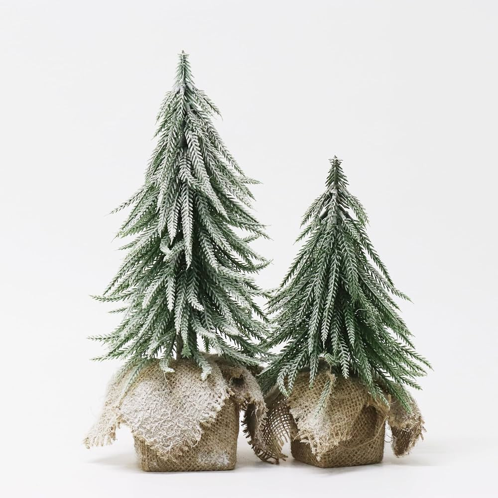Senjie Artificial Mini Christmas Tree, 2 Pack Snow Flocked Table Xmas Tree with Burlap Base,Uniqu... | Amazon (US)