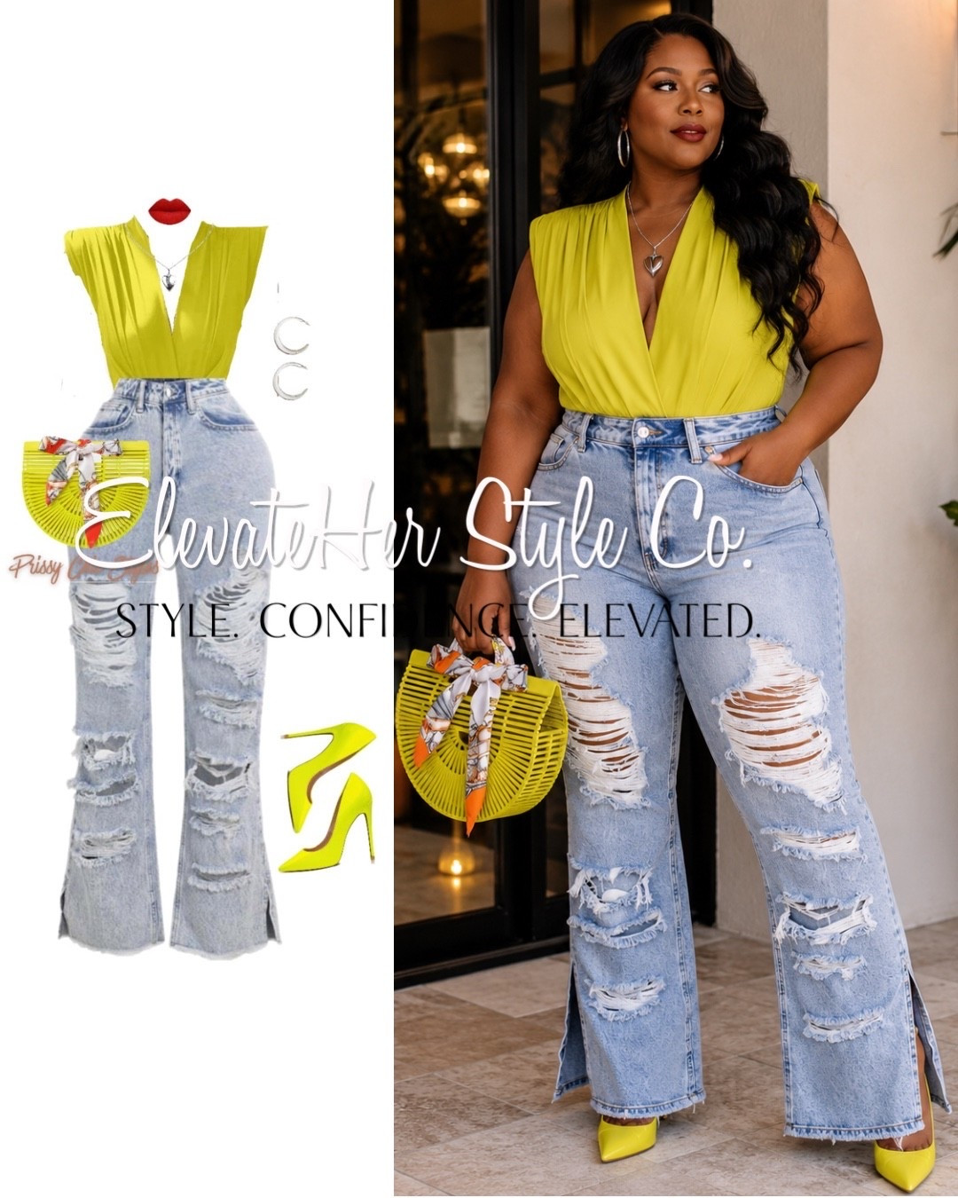 A deep V-neck creates a longer neckline while high-rise jeans define your waist for a balanced, hourglass silhouette.

When wearing a bold colors let it be the statement. Coordinate your shoes and handbag in the same color family for a polished, intentional look.

Wide-leg distressed denim pairs best with pointed-toe heels. The pointed toe peeks through the hem, visually elongating your legs and elevating the entire outfit.

#LTKgrwm #LTKMidsize #LTKWorkwear
