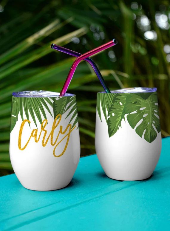 Palm Leaf Tumbler Gold Lettering, Personalized Wine Tumbler Bridesmaid Gift, Custom Tumbler with ... | Etsy (US)