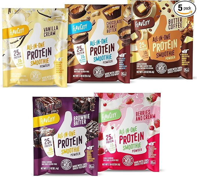 FlavCity Grass Fed Whey Protein Powder - Variety Pack - 25g Protein & 10g Collagen - 5 Single Ser... | Amazon (US)