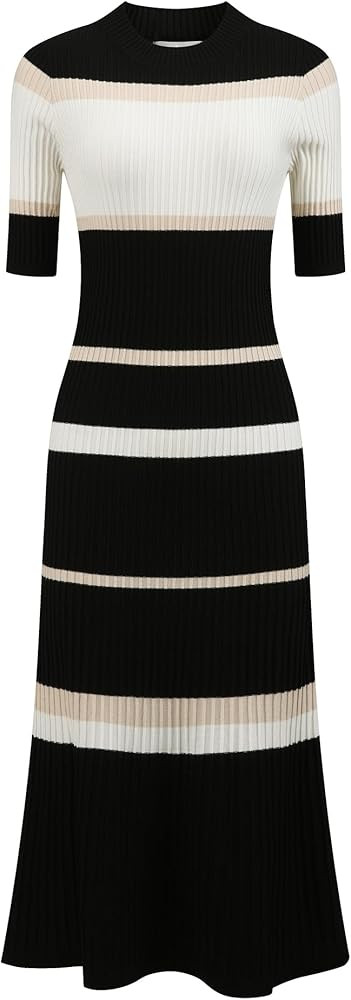Women's Knit Striped Dresses Short Sleeve Midi Ribbed Sweater Dress | Amazon (US)