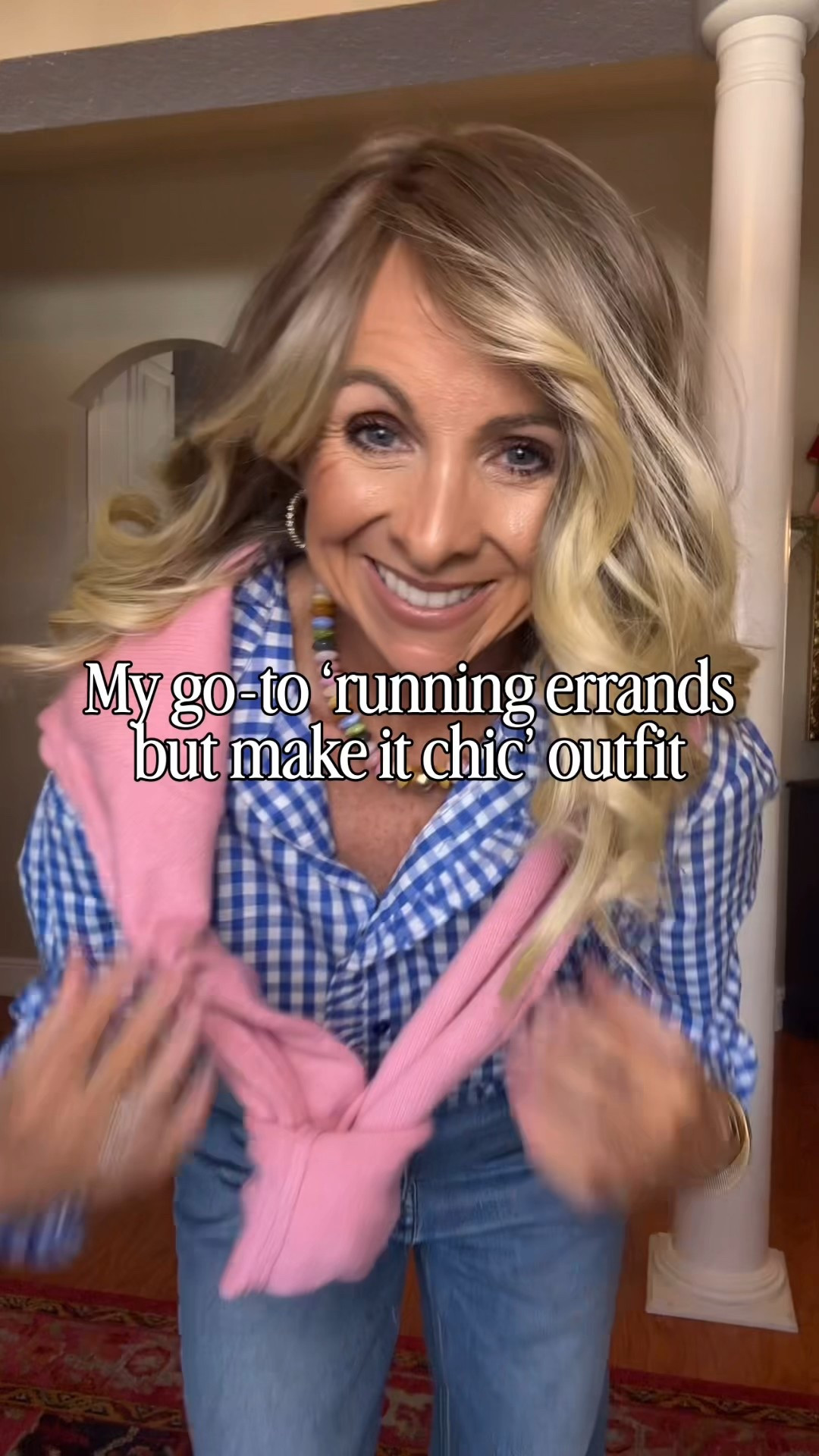 Keeping it classic with a pop of pink 💗
Gingham, denim, and comfy sneakers make the perfect everyday combo — polished but still relaxed. This is the kind of outfit I reach for when I want to feel pulled together without trying too hard.

Which detail is your favorite — the sweater over the shoulders or the pink sneakers? 👟✨
Wig by @glamvigor 

#LTKootd #LTKOver40 #LTKSaleAlert