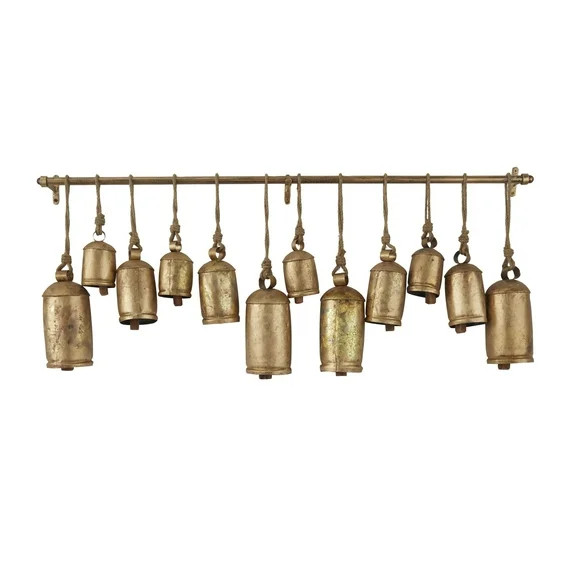 DecMode Tibetan Inspired Gold Metal Cylindrical Decorative Cow Bells with 12 Bells on Jute Hangin... | Walmart (US)