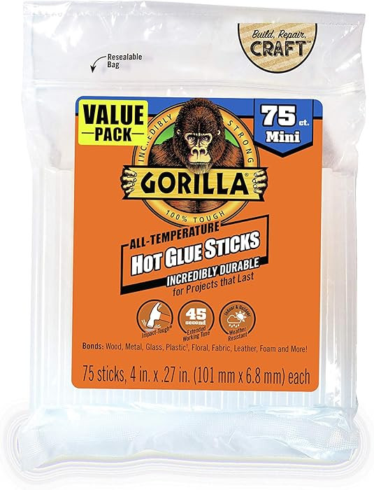 Gorilla Hot Glue Sticks, Clear Glue, Mini Size 4" Long x 0.27" Diameter, 75 Count (Pack of 1) - S... | Amazon (US)