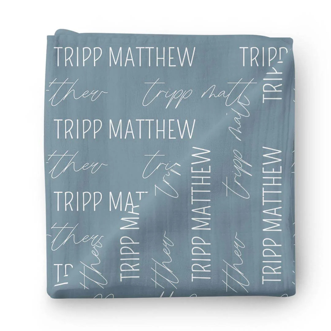 Personalized Dusty Denim Baby Name Swaddle Blanket - Block & Script | Caden Lane