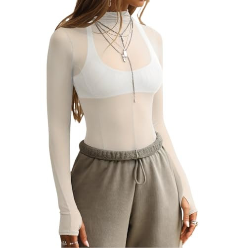 Ahtyeo Womens Mesh Long Sleeve Tops Mock Neck Sexy See Through Tee Shirts Party Club Night Lace Sheer Layering Blouse White Small | Amazon (US)