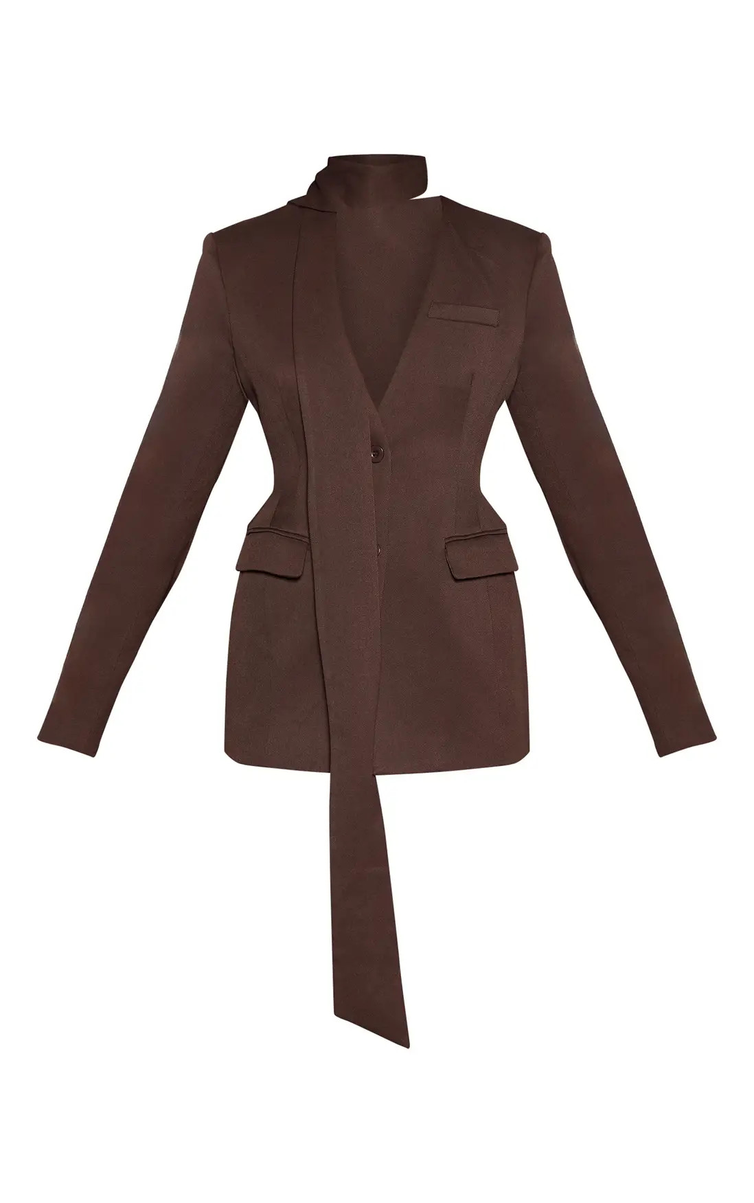 Jackets & Coats | dark chocolate Moulded Hip Scarf Detail Cinch Waist Blazer | PrettyLittleThing | PrettyLittleThing US