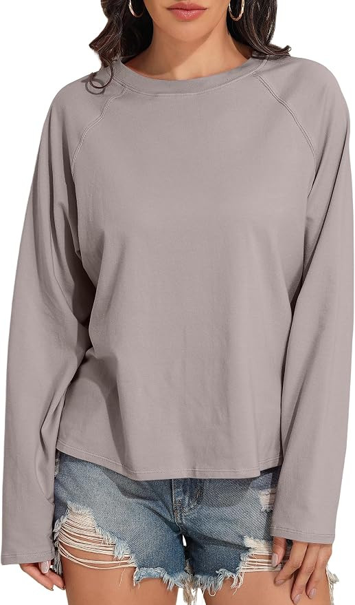PrettyGuide Women Long Sleeve Shirts Oversized Cotton Cropped T Shirts Casual Crewneck Basic Tee ... | Amazon (US)