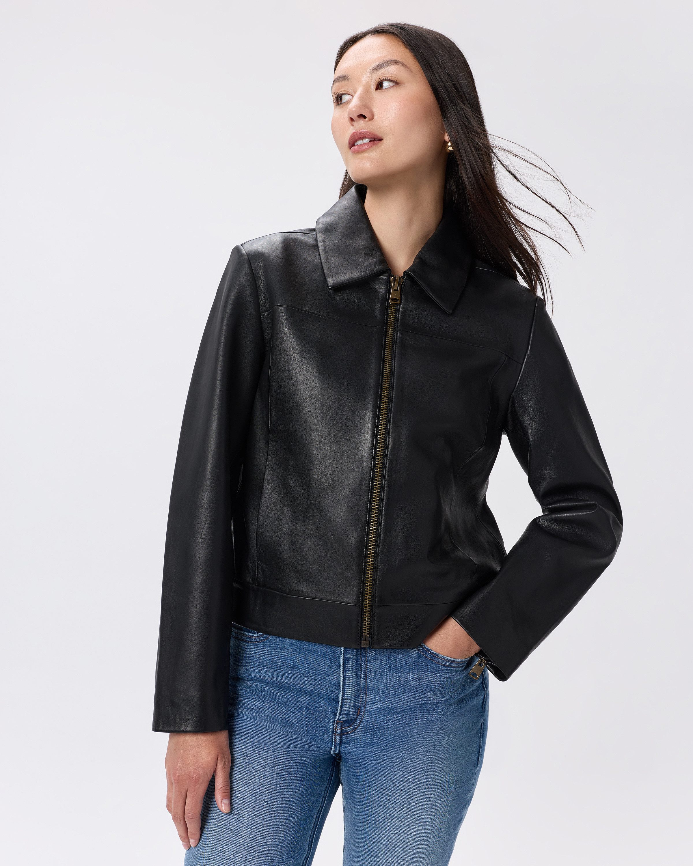 Quince | Women's Cropped Zip-Front Jacket in True Black, Size Medium, Leather | Quince