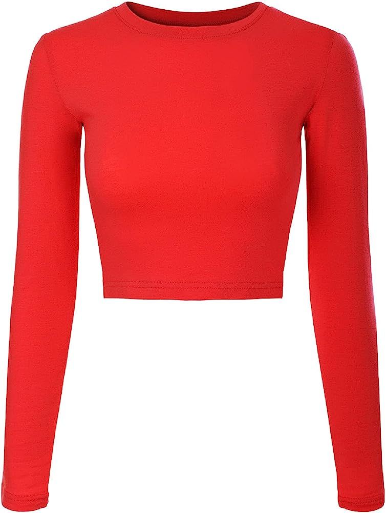 Design by Olivia Women's Solid Long Sleeve Round Neck Crop T Shirt Top | Amazon (US)