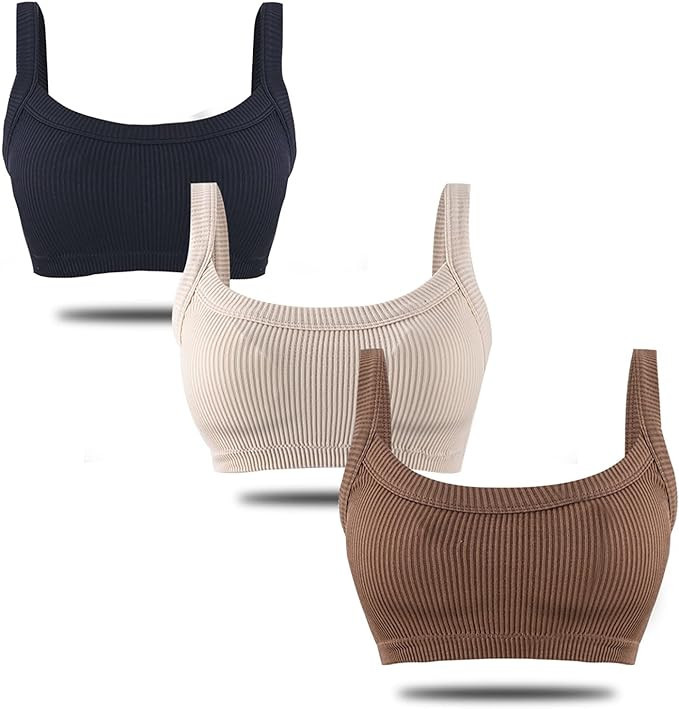 Bra Top for Women Seamless Padded Bralette 3 Pack Ribbed Square Neck Wirefree Lounge Bra | Amazon (US)