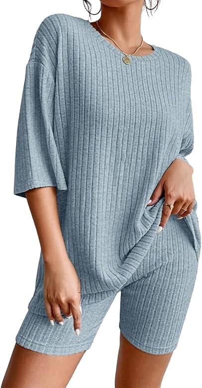 Hongsui Women Two Piece Ribbed Knit Outfits Casual Oversized T-Shirt Biker Shorts Loungewear Swea... | Amazon (US)
