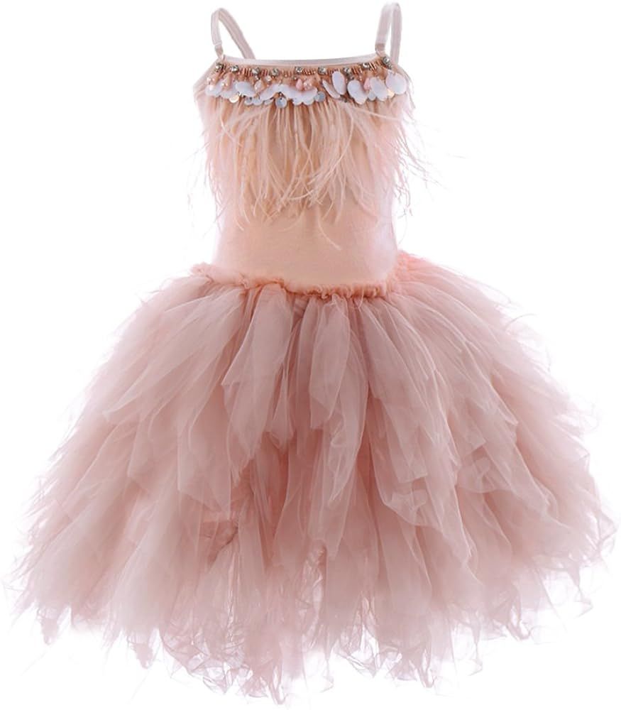 OBEEII Little Girl Swan Princess Feather Fringes Tutu Dress Pageant Party Wedding Dance Formal Bi... | Amazon (US)
