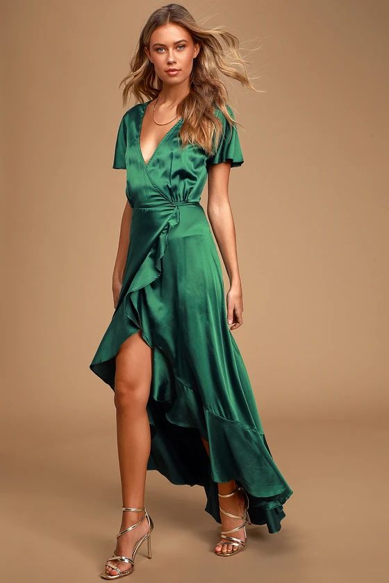 Love Of Your Life Dark Green Satin Ruffled Wrap Maxi Dress | Lulus (US)