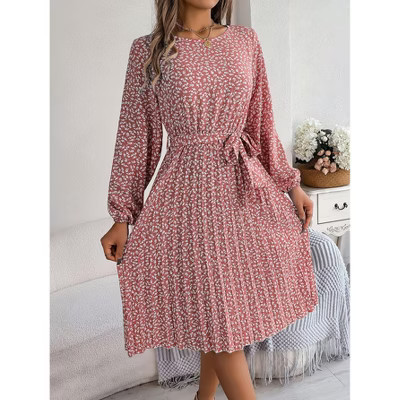 Smocked Long Sleeve Floral Dress for Women 2025 Fall Fashion Crewneck Fit and  Western Flowy midi Dress Pink XL | Target