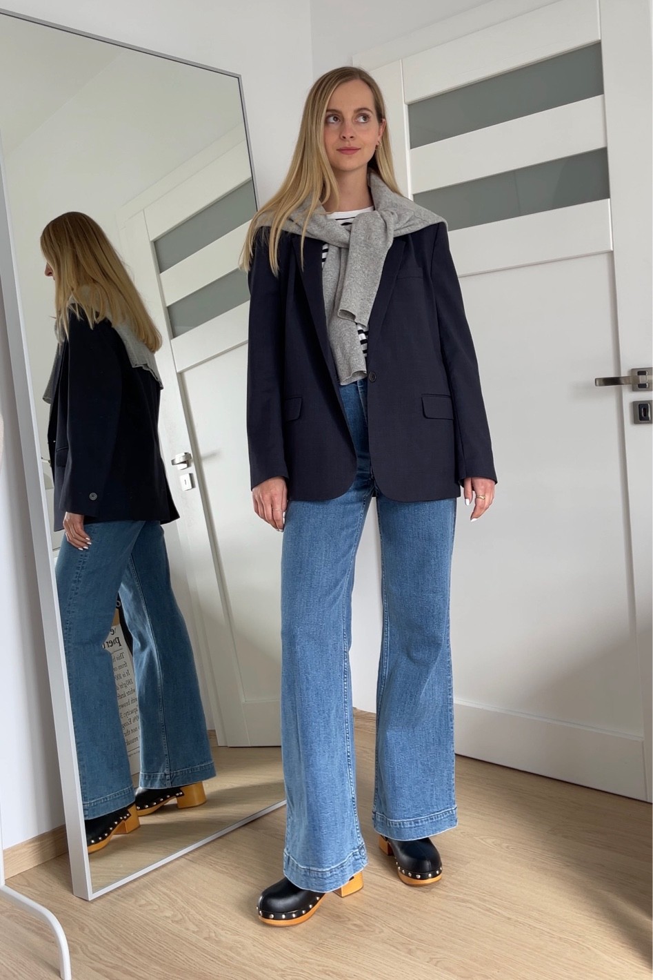 Classic fall parisian style? Definitely wide leg denim, striped long sleeve, cashmere jumper, navy blazer and clogs!

#LTKeurope #LTKstyletip #LTKSeasonal