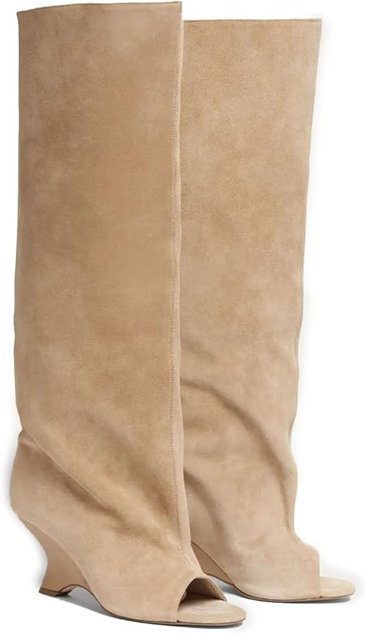 Women's Knee High Boots Suede Camel Wedge Heel 3 Inch, Open Round Toe Pull On Wide Calf Comfortab... | Amazon (US)
