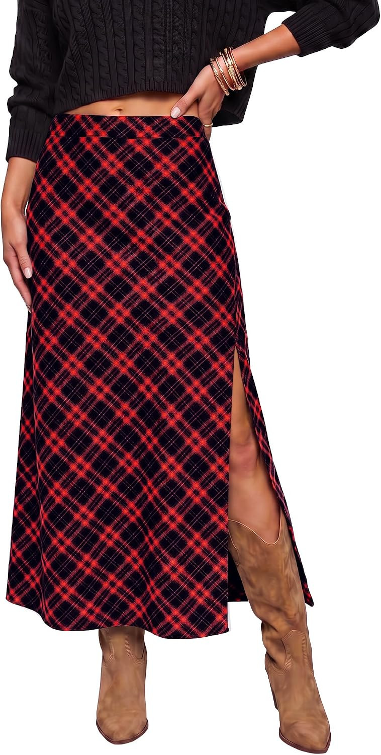 luvamia Plaid Maxi Skirts for Women Trendy A-Line Long Skirt with Side Slit | Amazon (US)