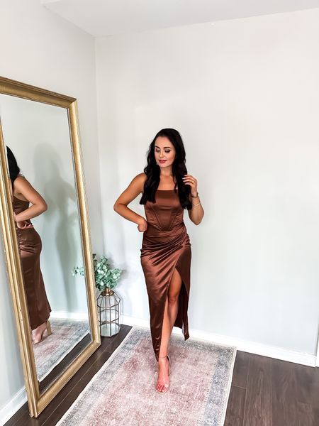 Under $50 amazon corset maxi satin dress (small), under $20 amazon clear and tan heels (tts) and under $12 gold amazon statement earrings — love this for a fall or winter formal wedding guest dress! #founditonamazon 

#LTKparties #LTKfindsunder50 #LTKwedding