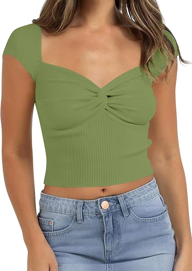 MAVIS LAVEN Women's Short Sleeve Ribbed Knit Top Sweetheart Neck Twist Front Slim Fit Cropped Shi... | Amazon (US)