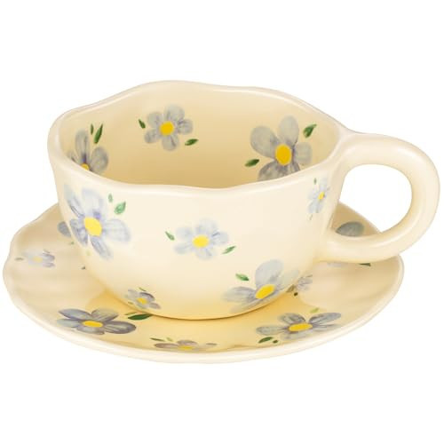 Cappuccino Cups with Saucers 8 oz Latte Art Cup Ceramics Coffee Mugs Irregular Aesthetic Flower Cups for Espresso, Double Shot, Americano, Latte, Tea - Microwave and Dishwasher Safe (Blue Flowers) | Amazon (US)