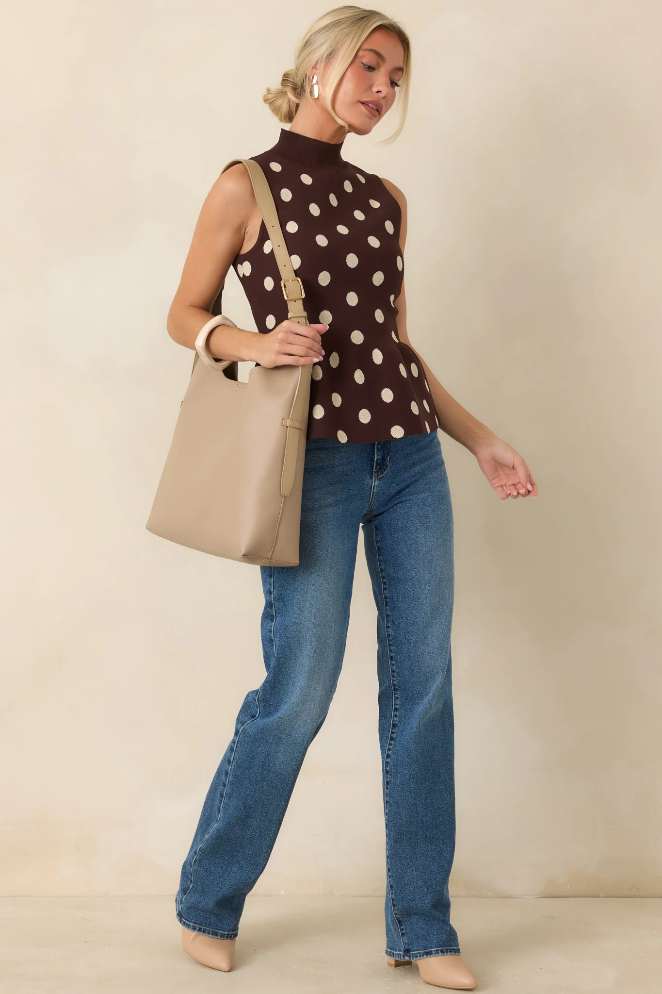 Classic Composition Chocolate Brown Polka Dot Peplum Sweater Tank | Red Dress