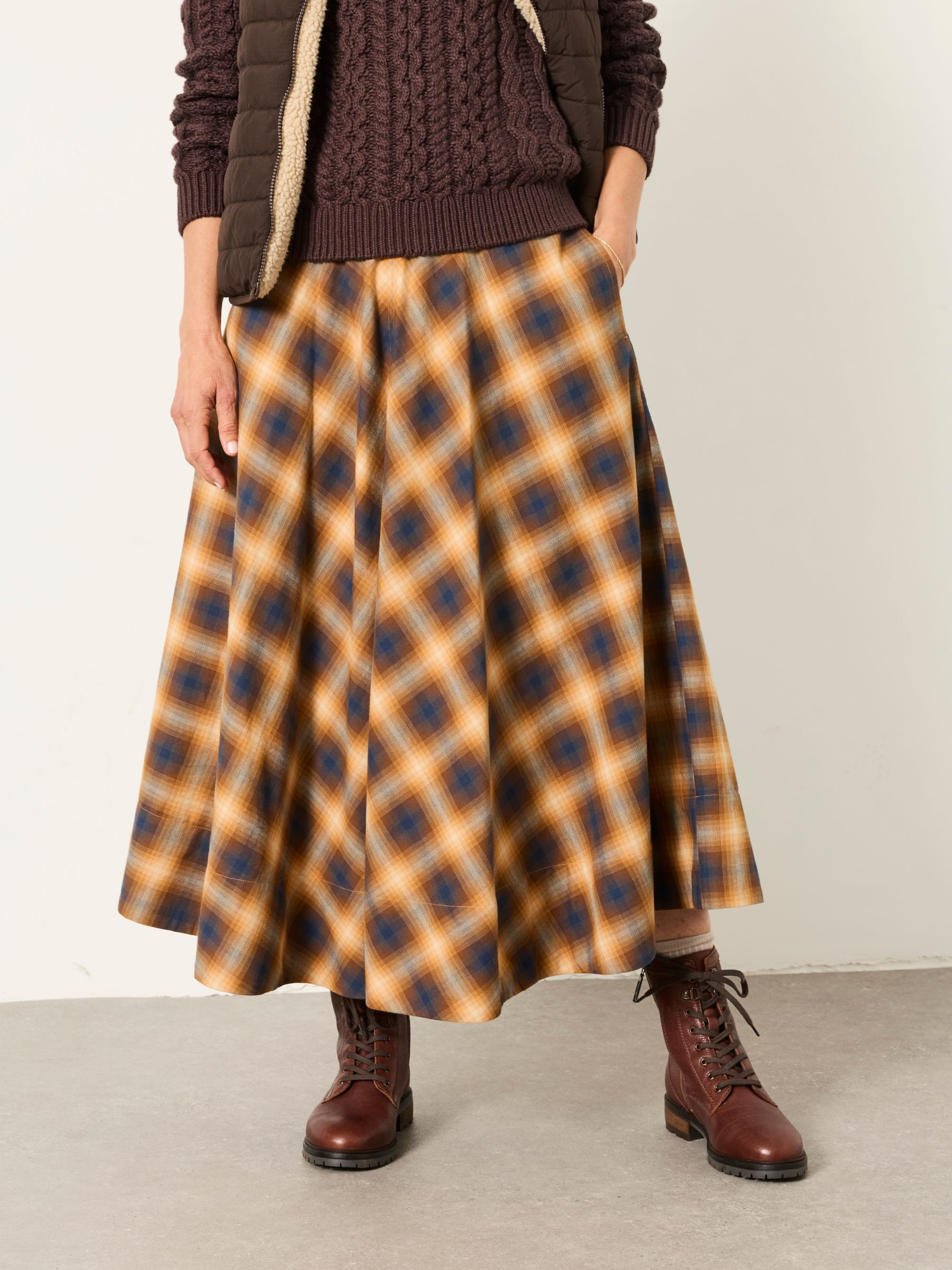 Freya Tan Brown Check Midi Skirt | Fat Face