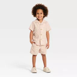 Toddler Boys' 2pc Easter Gingham Short Sleeve Shirt & Shorts Set - Cat & Jack™ Beige 12M | Target