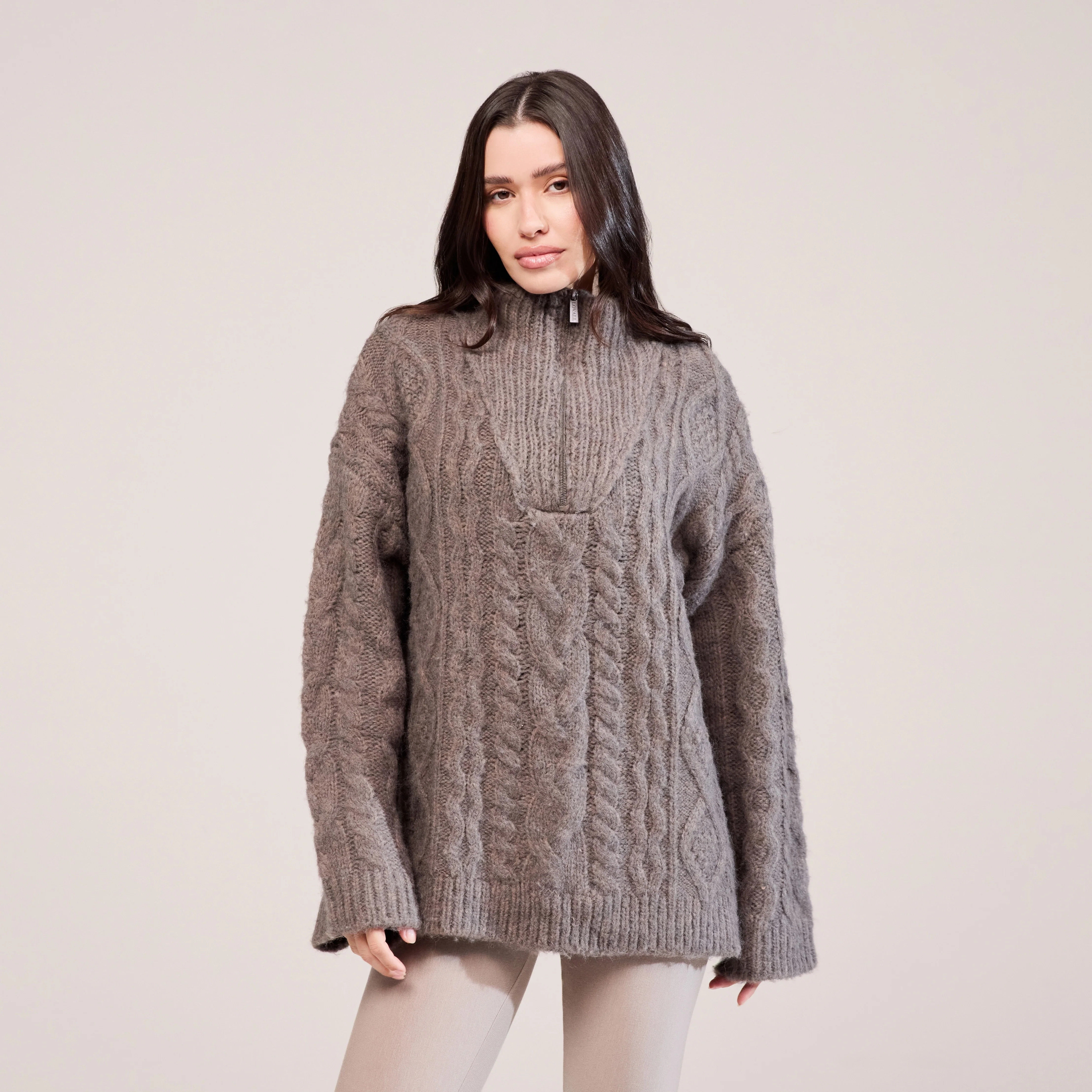 Cable Knit 1/4 Zip Jumper | Mocha | LOVALL