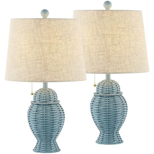 JONATHAN Y 20.5" Wicker Table Lamp, Blue with Beige Shade, Set of 2 | Amazon (US)