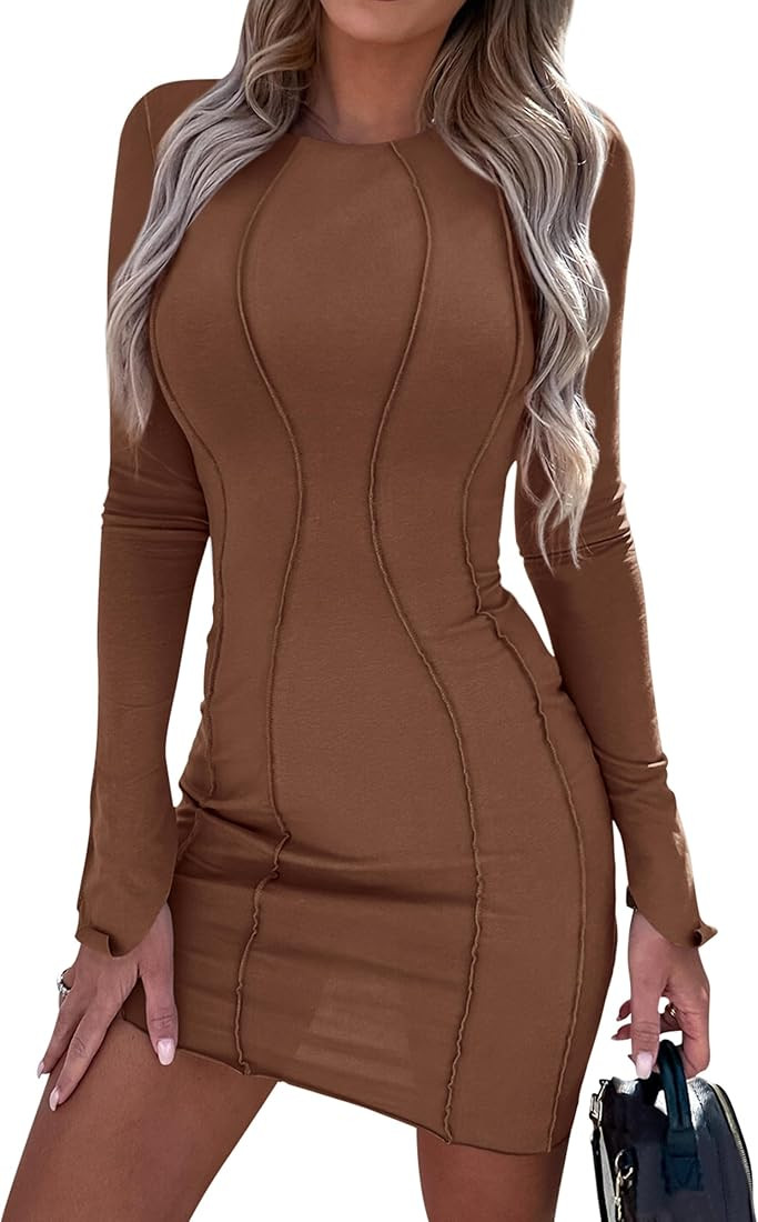 PRETTYGARDEN Womens 2023 Fall Bodycon Mini Dresses Casual Long Sleeve Solid Color Short Tight Lad... | Amazon (US)