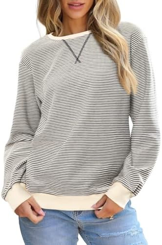 SHEWIN Womens Striped Sweatshirt Crewneck Casual Long Sleeve Pullover Tops Trendy 2025 | Amazon (US)