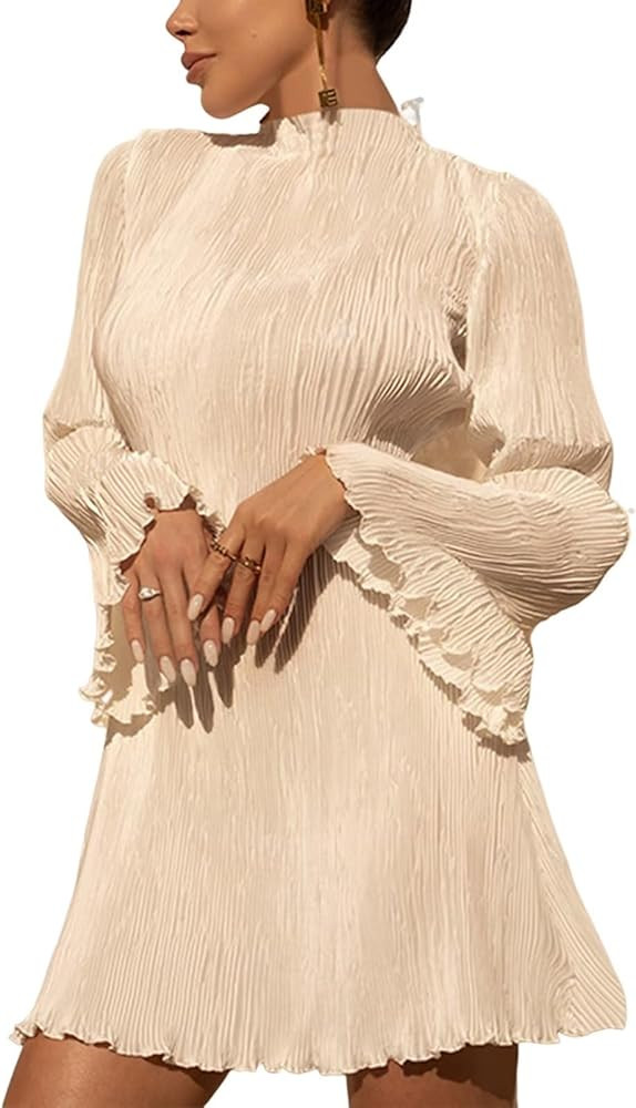 Annystore Women's Bell Long Sleeve Pleated Mini Dress Casual Mock Neck Ruffle A-line Short Dresse... | Amazon (US)