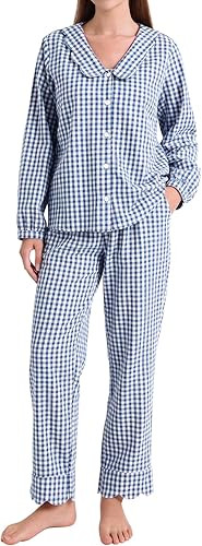 PEHMEA Women's Plaid Pajamas Set 2 Piece Cotton Gingham Sleepwear Puff Sleeve Scalloped Babydoll ... | Amazon (US)