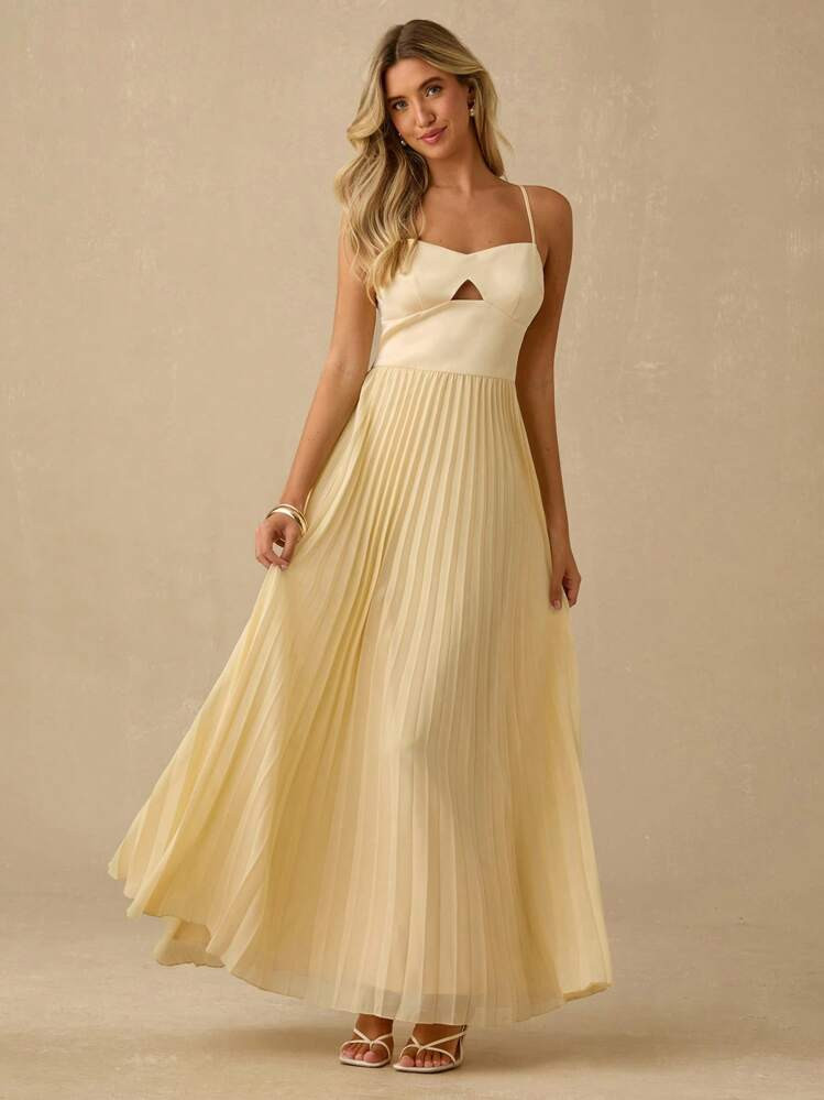 Enchnt Spring/Summer Romantic Women's Butter Yellow Satin Sweetheart Collar Spaghetti Straps Hollow-Out Design Pleated Hem Princess Maxi Dress,Sweet&Elegant For Vacation&Date&Holiday&Party&Graduation&Wedding Guest&Beach&Banquet,Prom Dress,Summer Dresses For Women,Sun Dresses For Women,Summer Clothes, ,Elegant Dresses For Party Butter Yellow Dress | SHEIN