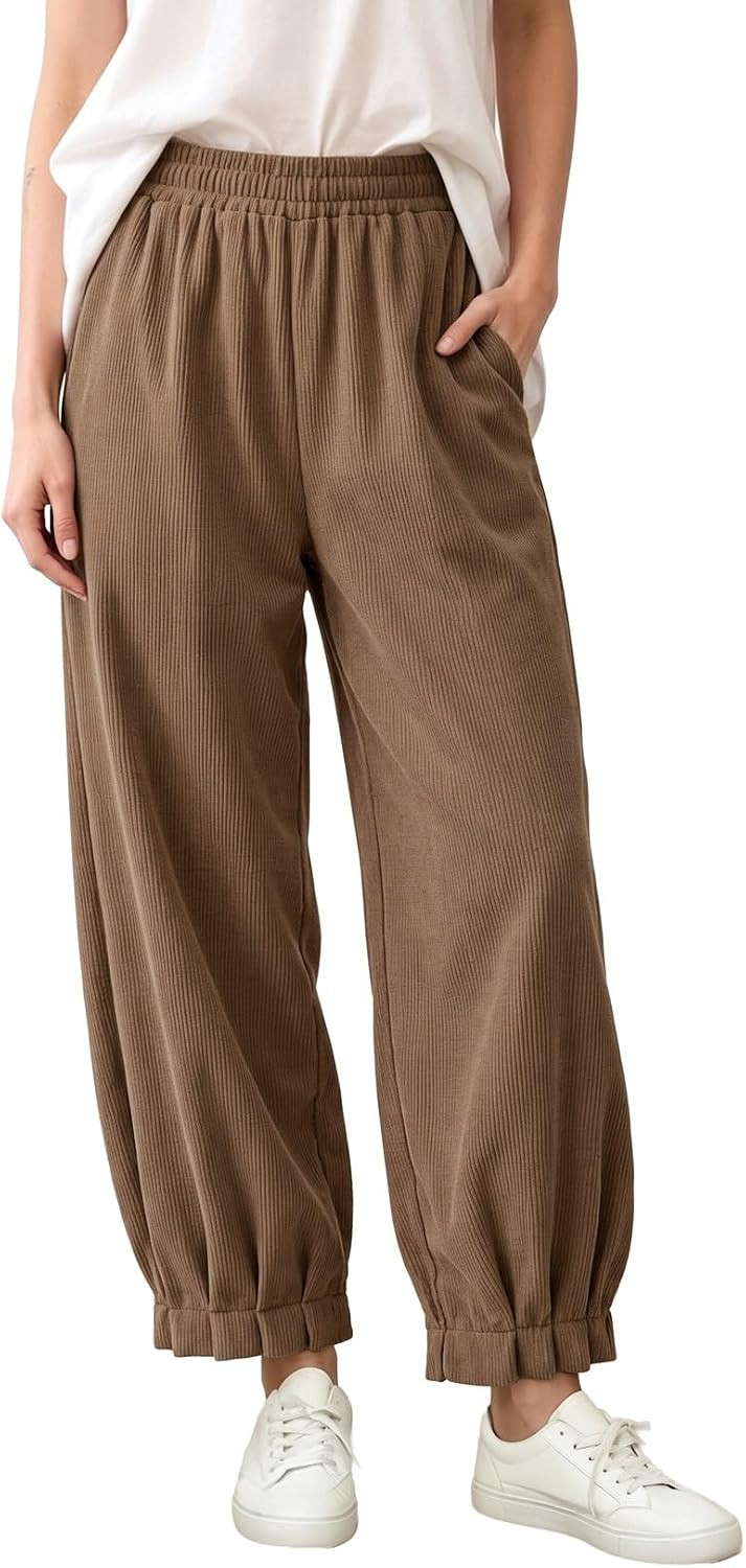 Astylish Womens Corduroy Pants Casual Ruffle Tapered Trousers | Amazon (US)