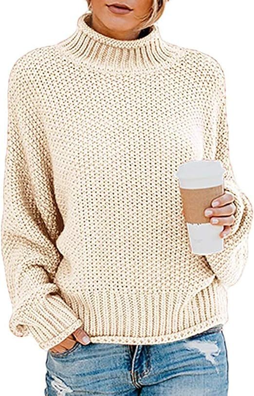 TECREW Womens Turtleneck Chunky Knitted Sweaters Batwing Sleeve Oversized Pullover Jumper | Amazon (US)