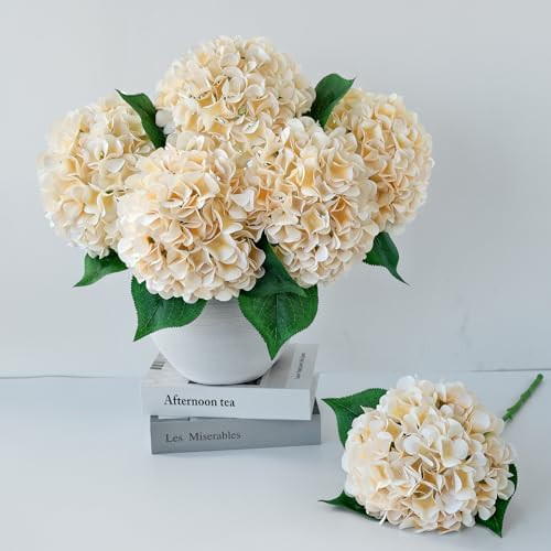 5 Pcs Champagne Silk Hydrangeas Artificial Flower Boho Dried Touch Hydrangeas 20'' Faux for Fall ... | Amazon (US)