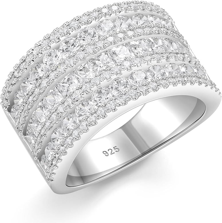 Blongme Wide Wedding Bands for Women 18K White Gold Plated 3 Row Round Princess Cut AAAAA Cubic Z... | Amazon (US)