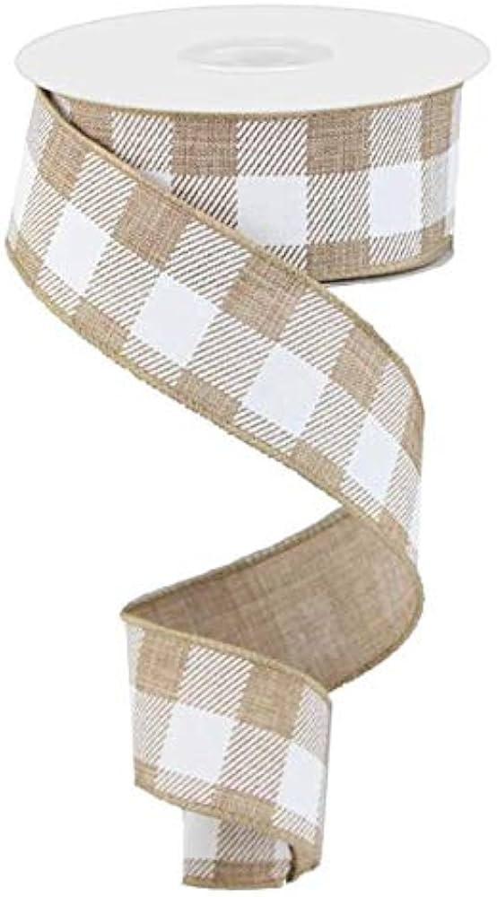 Plaid Check Wired Edge Ribbon - 10 Yards (Light Tan, White, 1.5") | Amazon (US)