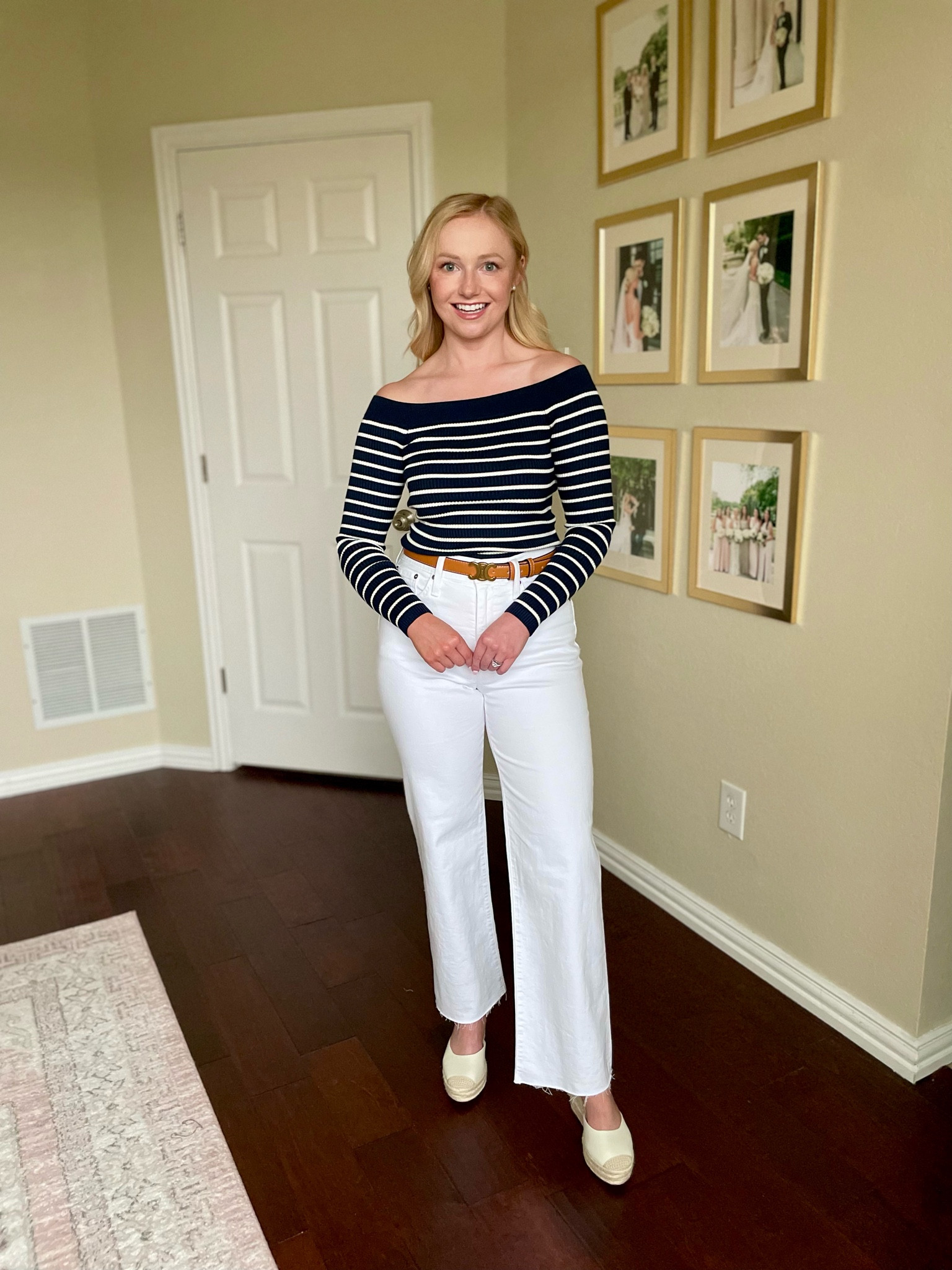 Wearing an XS in top and 26S in jeans | white jeans, wide leg jeans, spring outfit, casual spring outfit, coastal style, espadrilles wedges 

#LTKSeasonal #LTKfindsunder100 #LTKstyletip