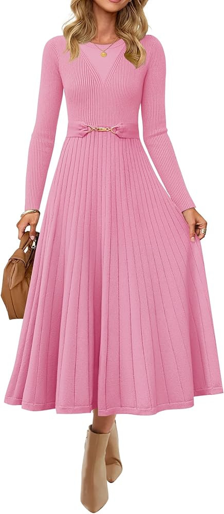 ZESICA Women's Long Sleeve Midi Sweater Dress 2026 Fall Crewneck Knit A Line Pleated Flowy Long D... | Amazon (US)